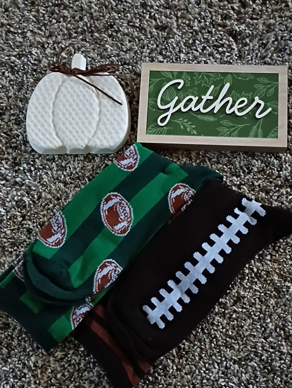 Football Pattern Crew Socks - Green & Black With Wooden Pumpkin And Gather Decor